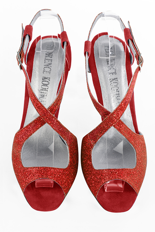 Scarlet red women's open back sandals, with crossed straps. Round toe. Very high slim heel. Top view - Florence KOOIJMAN